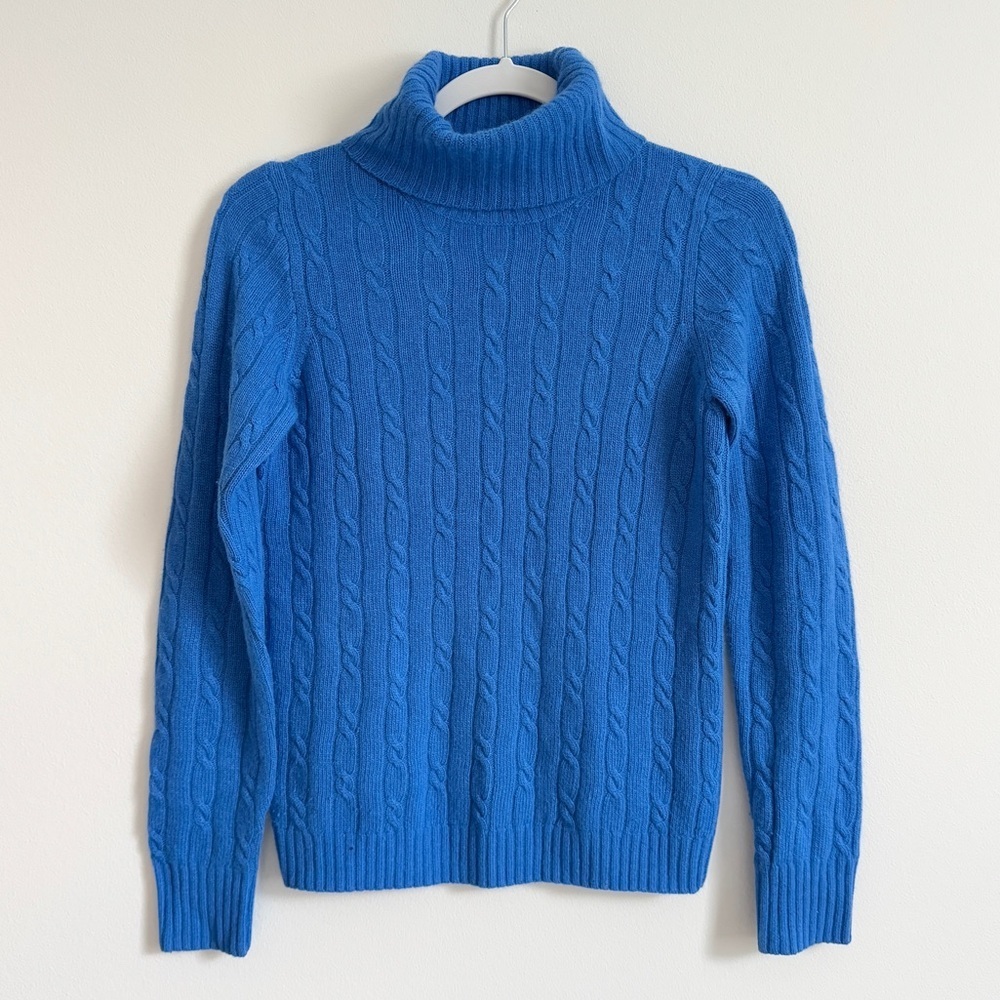 J. Crew Blue Cable Knit Merino Wool Cashmere Turtle Neck Sweater Size XS